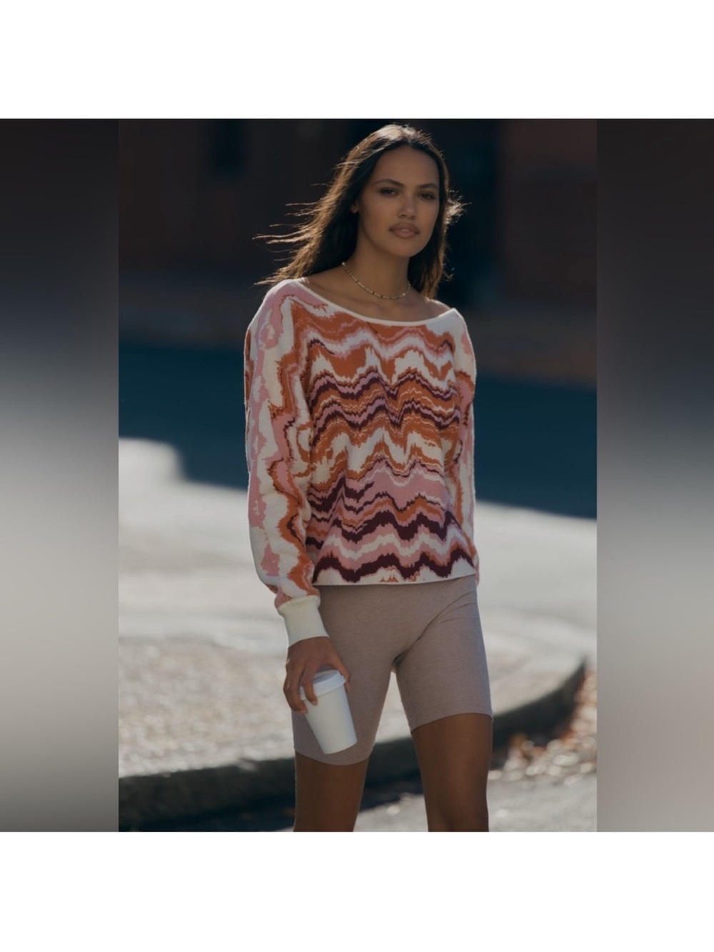 Daily Practice /Anthropologie Waved Multicolor Crewneck Sweater in Pink & Orange